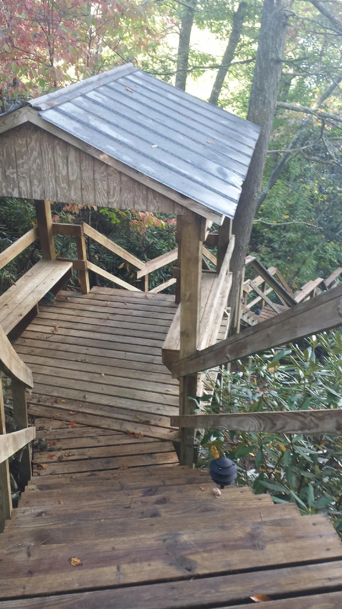 Metal roofed shelter over wooden steps on a wooded walkway — Skylight Repair & Installation work by our crew in Snowmass